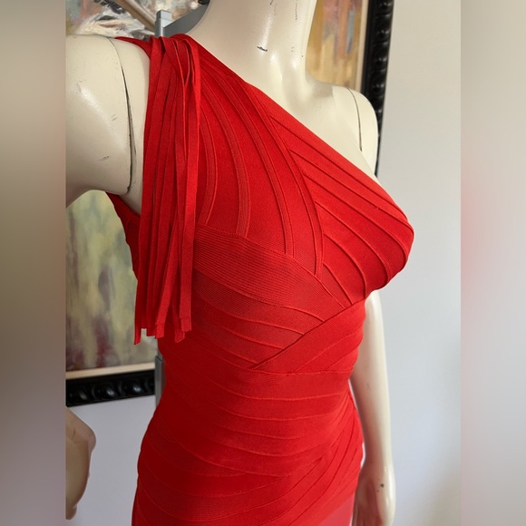 Herve Leger One-Shoulder Rose Gown in Coral Poppy Long Dress - Picture 6 of 10